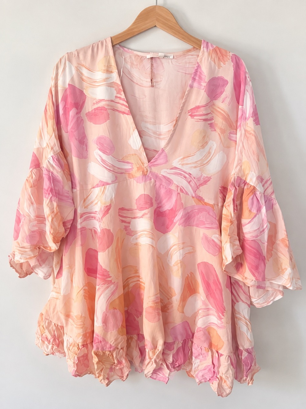 Pastel Pink Abstract V-Neck Flutter Sleeve Tunic
